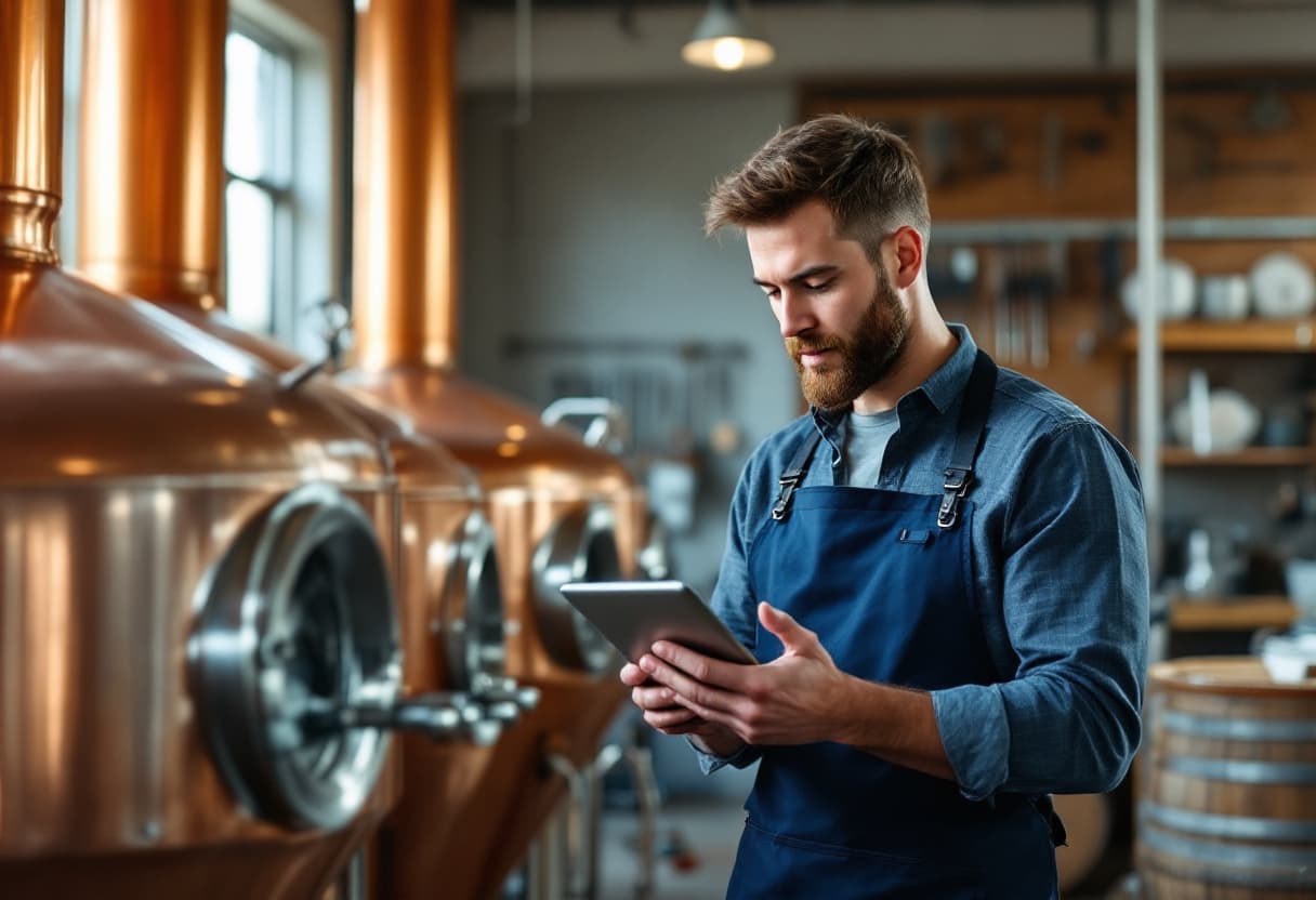 Brauer prüft BrewerSync auf einem Tablet neben kupfernen Braukesseln