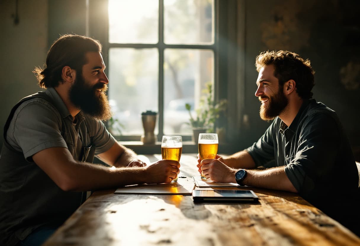 Twee brouwers proosten aan tafel met hun administratie op orde