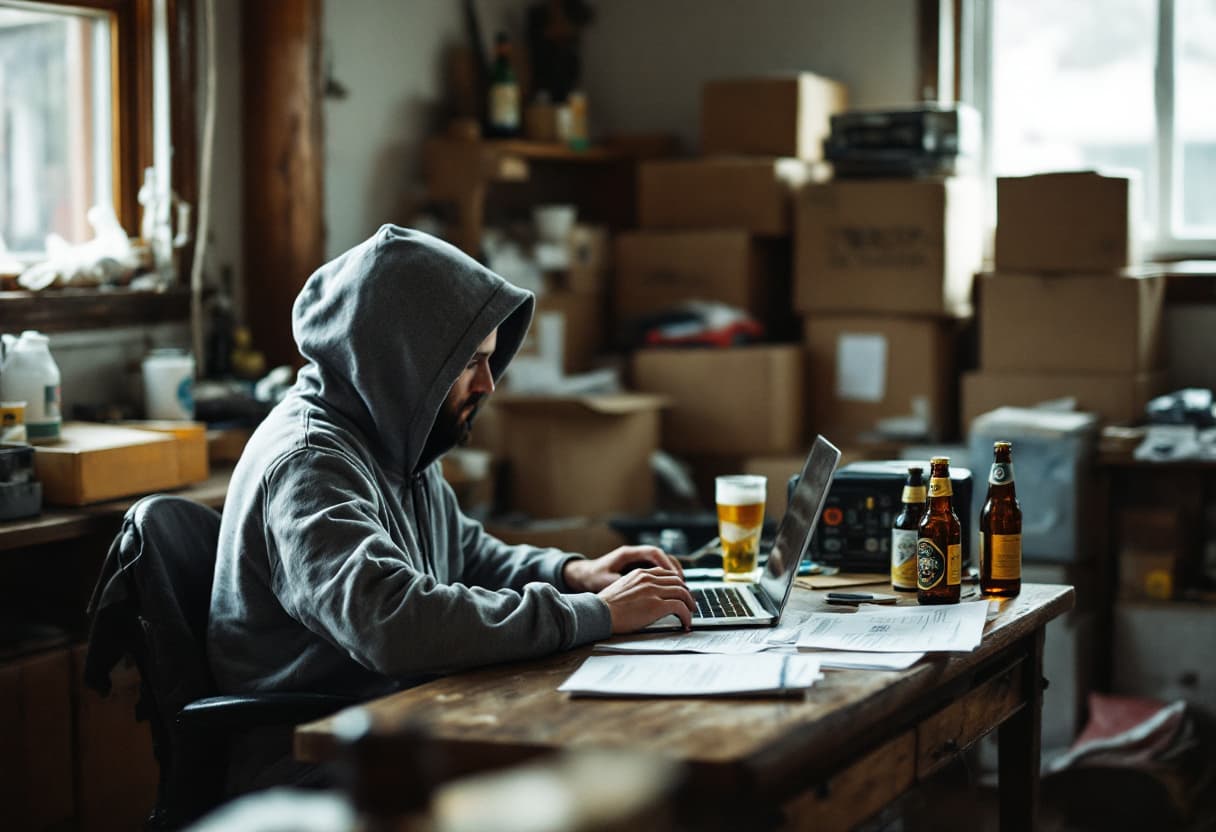 Brouwer werkt 's avonds facturen bij tussen de dozen