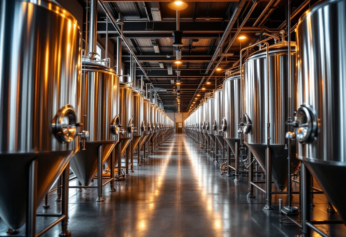 Rijen roestvrijstalen fermentatietanks in een brouwerij